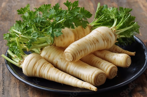 Fresh Parsnips Gathered From the Garden Displayed on a Black Plate With Green...