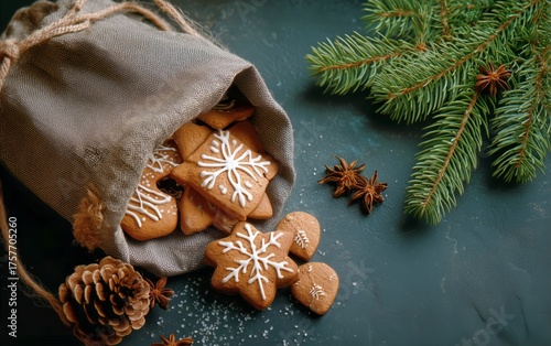 Delicious Gingerbread Cookies in a Festive Pouch Surrounded by Pine Branches