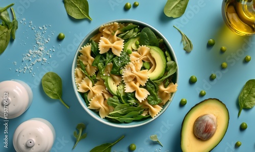 Fresh Pasta Salad With Spinach, Avocado, and Peas on a Colorful Table