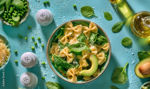 Fresh Pasta Salad With Avocado and Greens on a Blue Table