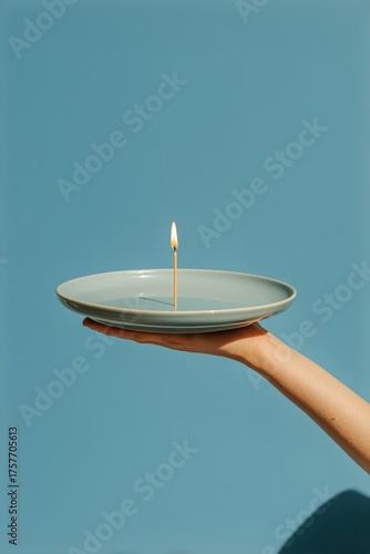 Hand Holds Plate With Small Flame Against Solid Blue Background in a Creative...