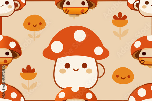 Adorable Orange Mushroom Characters with Flowers and a Warm Background Pattern Keywords: mushroom, cute, character, orange, white, spots, cartoon
