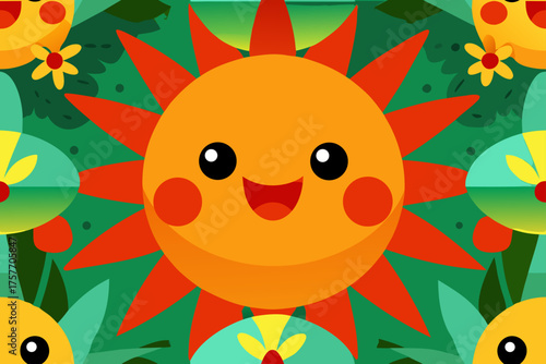 Cheerful Cartoon Sun With Red Rays Surrounded By Green Leaves And Flowers happy smiling