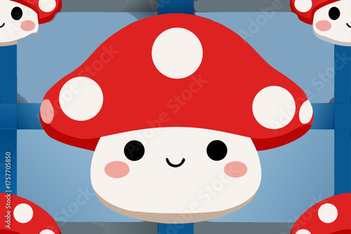 Cute Red Mushroom Character with White Spots and Blue Grid Background Keywords: mushroom, cute, character, red, white, spots, cartoon, kawaii