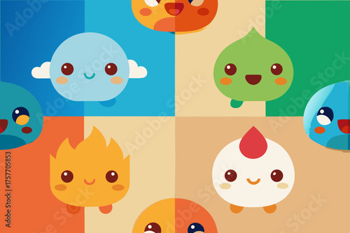 Cute Kawaii Characters with Happy Faces on Colorful Background Blocks vector illustration