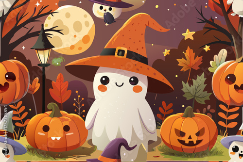 Cute Halloween Ghost With Pumpkins And Full Moon Illustration night