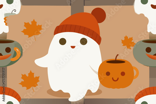 Friendly White Ghost in Orange Beanie Holding Pumpkin Cup with Autumn Leaves Keywords: ghost, cute, friendly, white, cartoon, character, happy