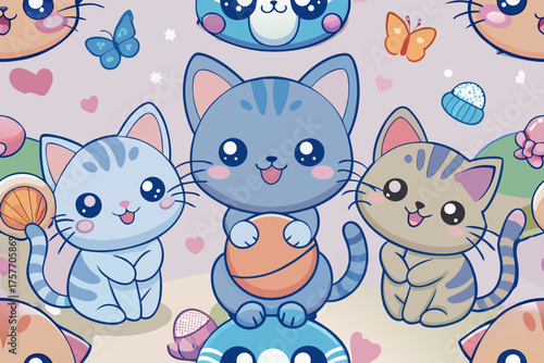 Kawaii Blue and Grey Striped Kittens with Orange Ball and Butterflies Keywords: cat, kitten, cute, kawaii, cartoon, blue, grey, striped, animal, pet