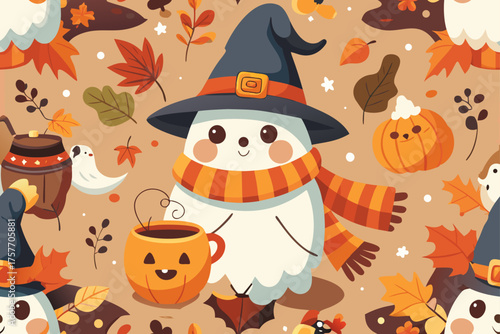 Friendly Halloween Ghost Holding A Pumpkin Mug With Autumn Leaves vector illustration