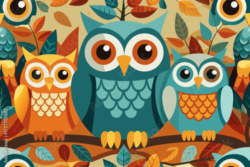 Three Cute Cartoon Owls Sitting On A Branch With Autumn Leaves cute owls