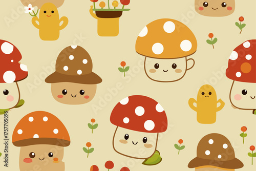 Whimsical Kawaii Mushrooms and Little Figures Pattern on Beige Background cute cartoon