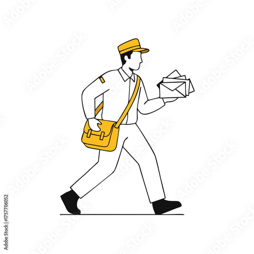 Cartoon Mail Carrier in Uniform Delivering Letters with Yellow Satchel.