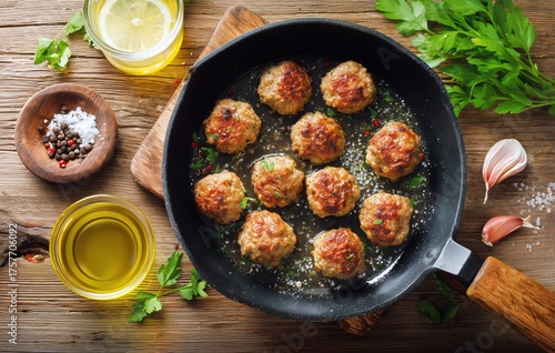 Meatballs Cooking in a Cast Iron Skillet With Fresh Herbs and Oil on a Wooden...