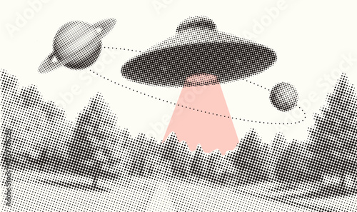 Space minimalistic retro composition. UFO spaceship under forest with planet orbits. Abstract halftone collage Wall Art or tee print. Vintage vector dotted illustration.