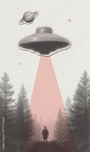 Vertical poster with sinister forest landscape, flying UFO alien plate above. Dotted halftone collage style, retrowave cover in soft pastel pink tones. Vector illustration.