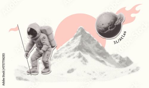 3i-Atlas halftone college banner with Astronaut sticking a flag into a mountainous area and asteroid with tail. Zine culture style. Vector art, fashion vintage collage