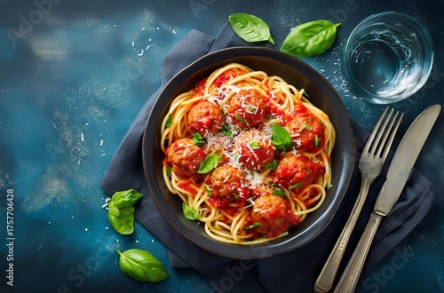 Delicious Spaghetti and Meatballs Served With Fresh Basil and Grated Cheese o...