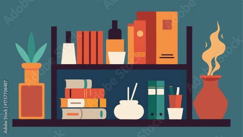 A bookshelf lined with books and knickknacks including a collection of ceramic mugs and a scented oil diffuser.