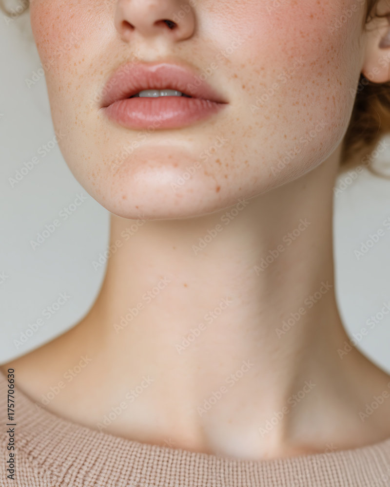 Obraz premium Close-up captures the beauty of a person's face, highlighting soft lips, smooth skin, and charming freckles. It shows natural beauty, a touch of warmth, and timeless appeal.