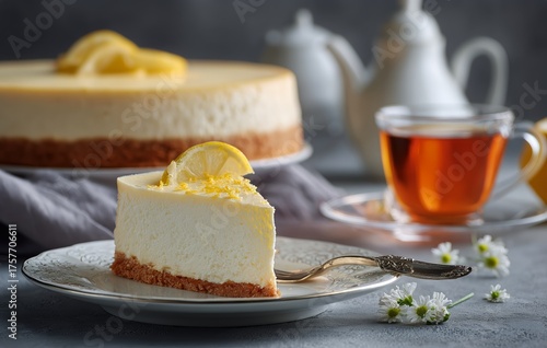 Delicious Cheesecake Slice Served With Tea and Lemon on a Cozy Table Setting