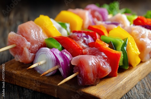 Grilled Skewers With Colorful Vegetables and Marinated Meat Ready for Barbecu...