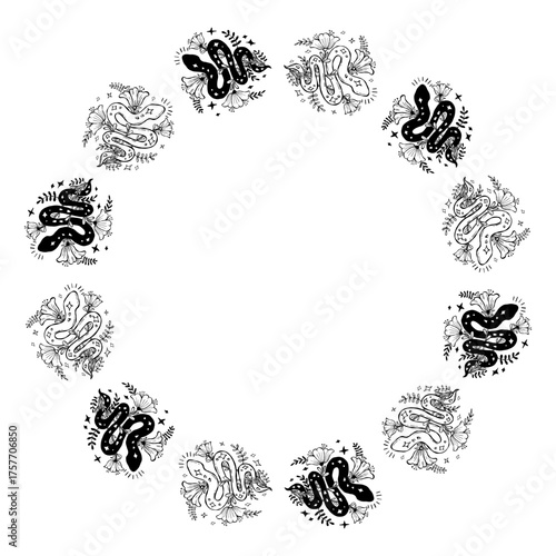 Mystical Snake Round Frame. Decorative Circular Floral Wreath. Outline Black Textured Hand Drawing Doodle for magic, esoteric design. Vector Illustration. Not AI