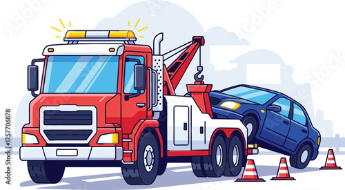 Heavy Duty Red Tow Truck Transporting Car Vector Illustration
