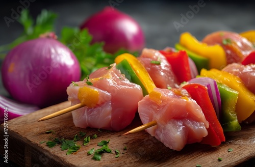Colorful Skewers of Chicken and Vegetables Grilled to Perfection on Wooden Board