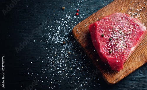 Freshly Sliced Beef on a Wooden Cutting Board With Coarse Salt and Pepper