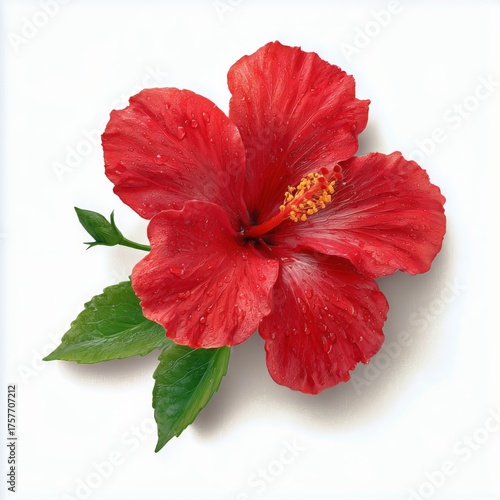 Bright Red Hibiscus Flower With Green Leaves Against a White Background at Mi...