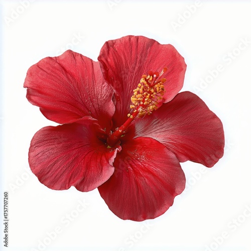 Bright Red Hibiscus Flower Blooming With Vibrant Petals and Green Leaves in S...