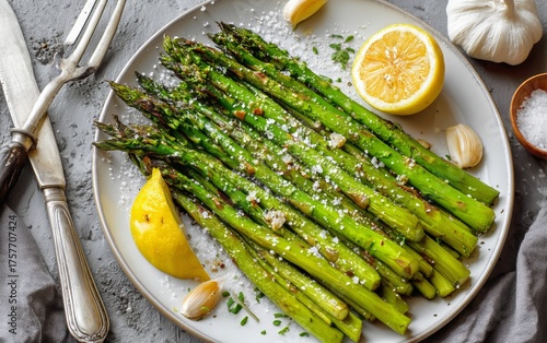 Grilled Asparagus With Garlic and Lemon Served on a Plate With Sea Salt and F...