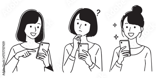Three women with different expressions holding and interacting with their smartphones in a simple line drawing style