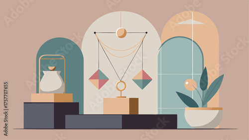 A display of minimalist jewelry featuring geometric shapes and metallic accents inspired by modern art movements.