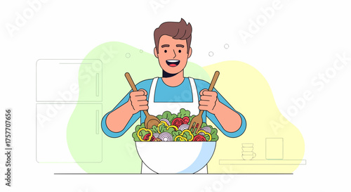 Cheerful Man Preparing Healthy Salad In Kitchen Illustration
