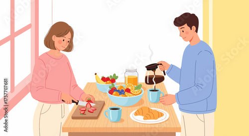 Couple Enjoying Fresh Breakfast At Home Together In The Morning