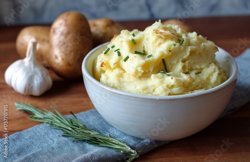 Creamy Mashed Potatoes Garnished With Herbs and Surrounded by Fresh Ingredien...