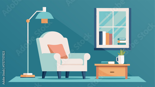 A cozy reading nook with a white armchair light wood side table and a floor lamp in the corner.