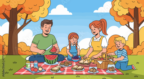 Happy Family Enjoying Picnic Time In Autumnal Outdoor Setting