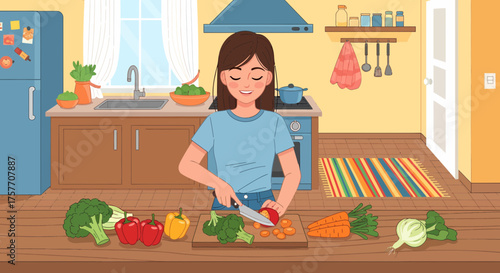 Happy Woman Preparing Healthy Food In The Kitchen At Home