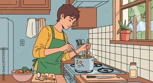 Happy Man Cooking Healthy Vegetable Soup In The Kitchen At Home