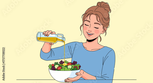 Woman Drizzling Dressing Onto Her Freshly Made Salad Illustration