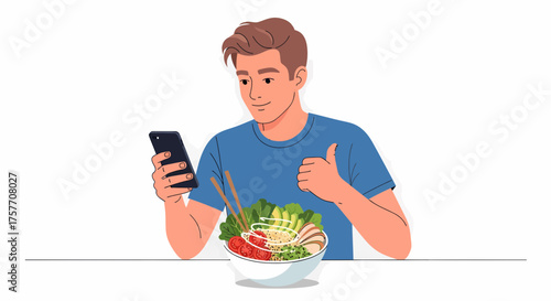 Smiling Man With Phone Giving Thumbs Up To Healthy Salad Bowl