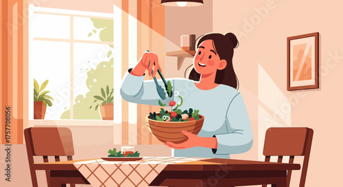 Woman Preparing Fresh Salad In A Bright Kitchen Setting