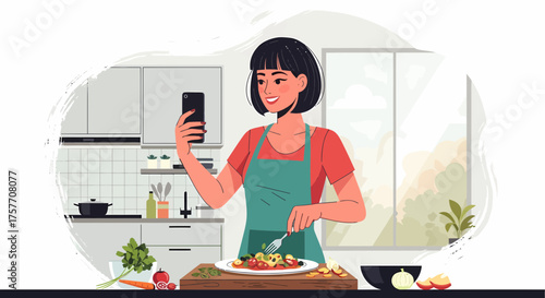Woman Taking Photo Of Pasta In Kitchen For Food Blog