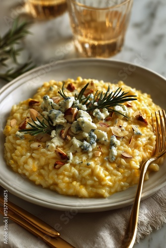 Creamy Saffron Risotto Topped With Cheese and Fresh Herbs in Elegant Dining S...