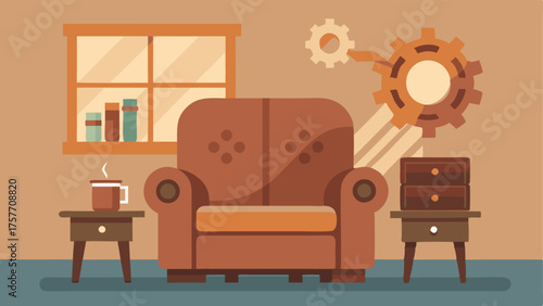 A cozy sitting area with a plush leather armchair and a wooden coffee table featuring metal rivets and industrial gear detailing.
