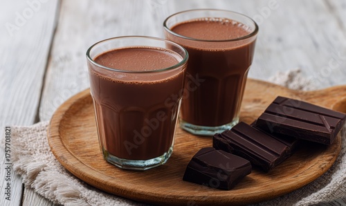 Warm Chocolate Drinks Served With Dark Chocolate on a Wooden Platter in a Coz...
