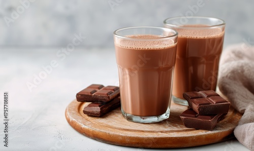Warm Chocolate Drinks Served With Dark Chocolate on a Wooden Platter in a Coz...