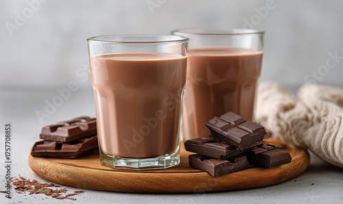 Delicious Hot Chocolate Served in Clear Glasses With Chocolate Pieces on a Wo...